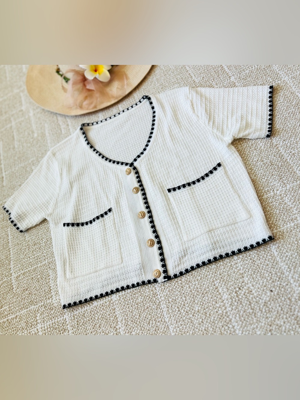 Cropped White Knit Cardigan with Black Trim and Gold Buttons